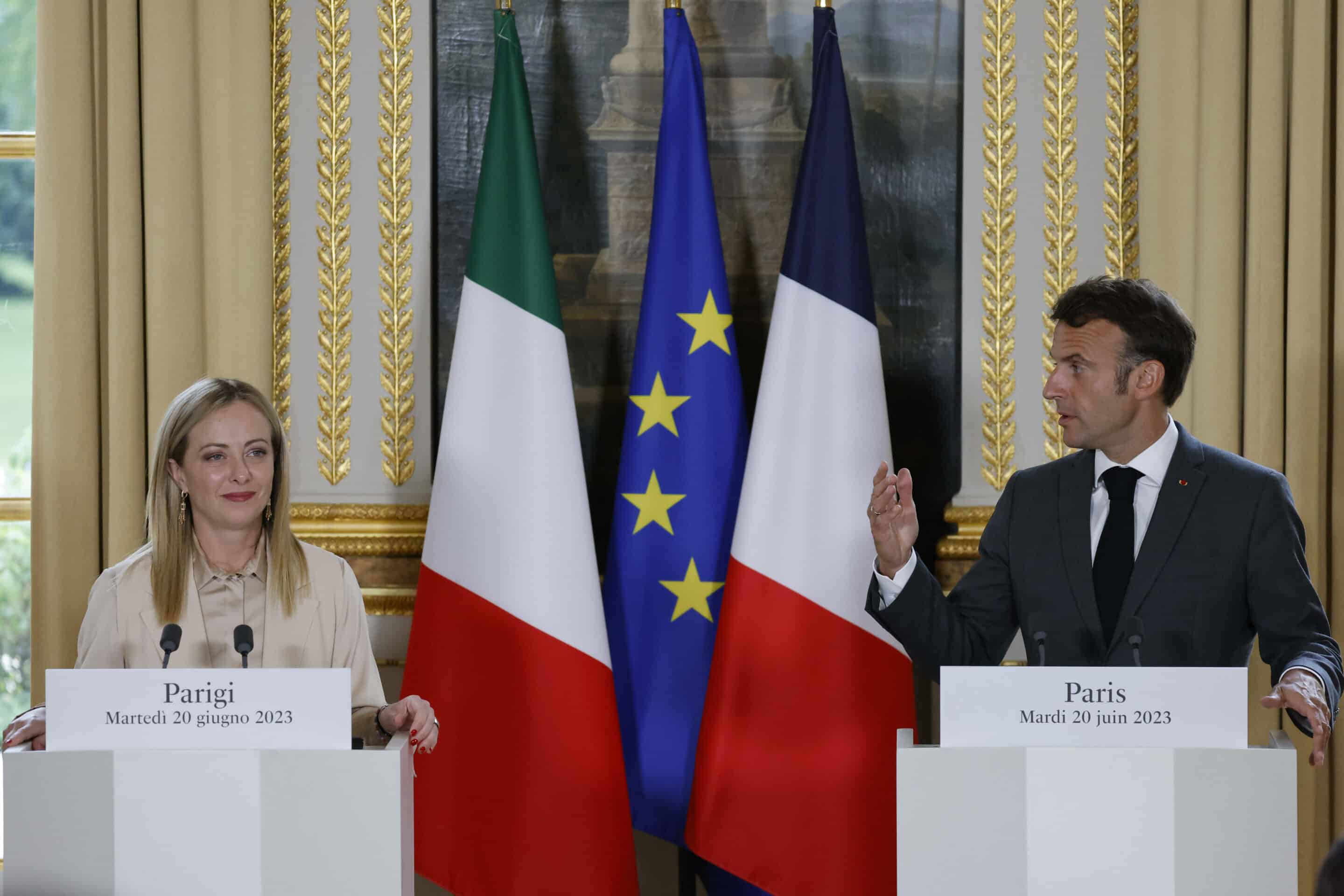 Giorgia Meloni et Emmanuel Macron June 20, 2023. (Ludovic Marin, Pool via AP)/PAR142/23171606059916/POOL PHOTO/2306201855