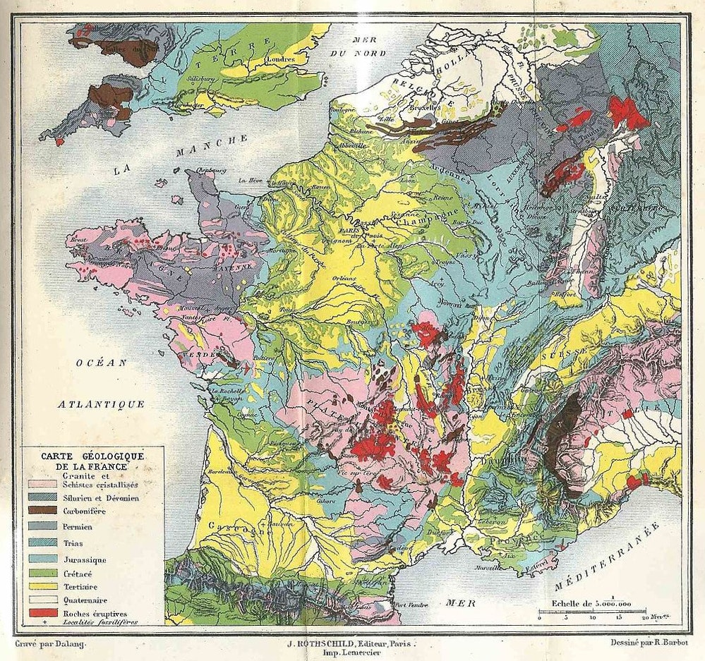 Carte géologique de la France dessinée par R. Barbot en 1884, gravée par Dalang (c) Wikipédia