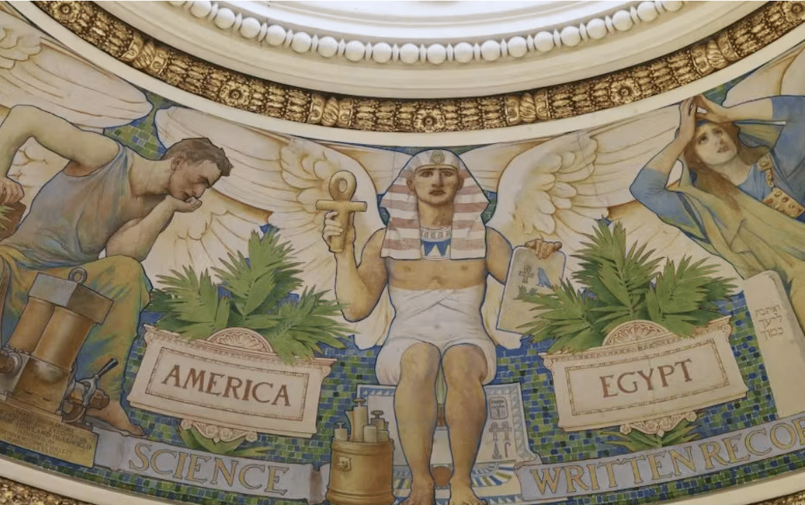 Détail de la peinture murale du dôme de la bibliothèque du Congrès réalisé par Edwin Howland Blashfield, Washington D.C. (États-Unis).