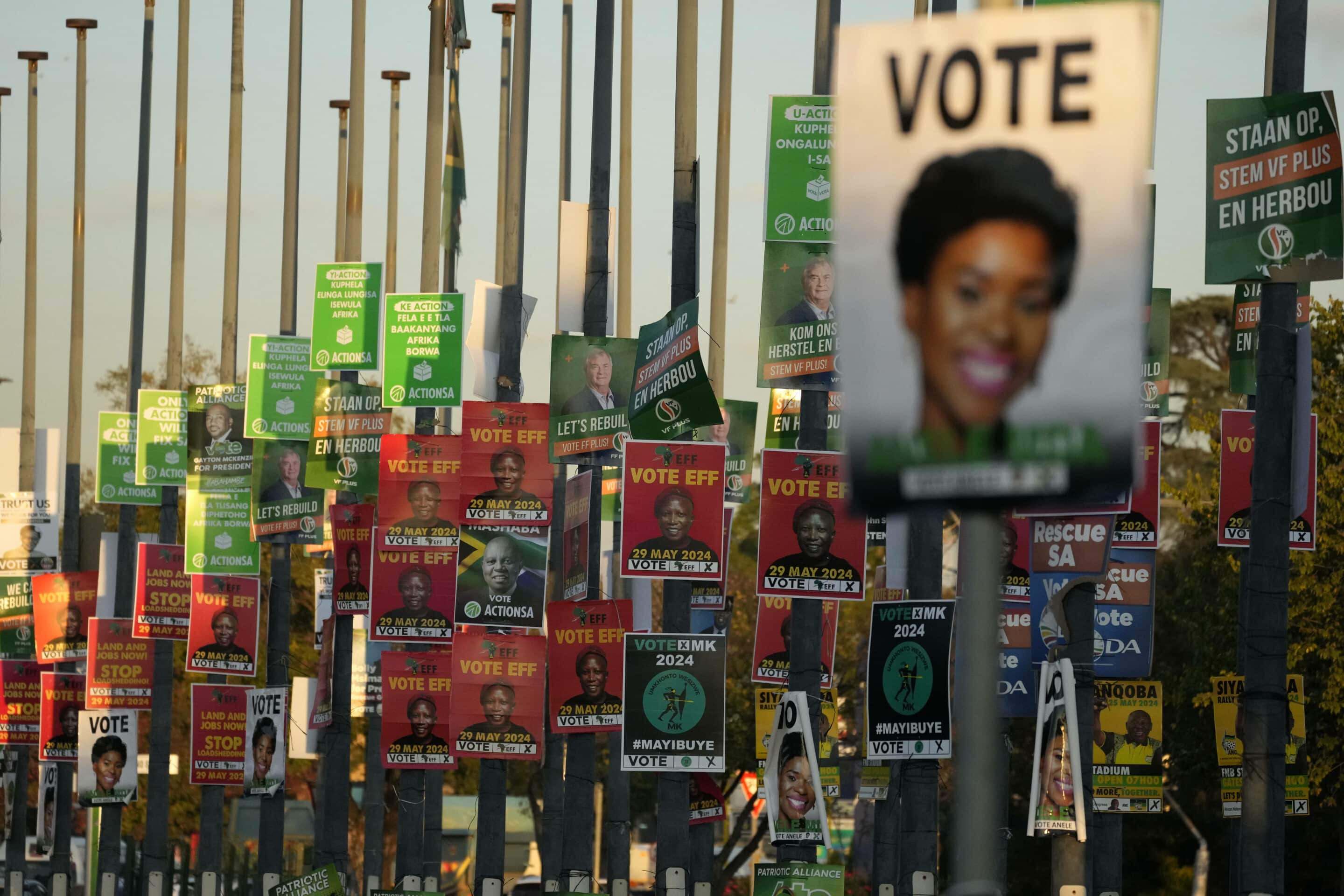 Election posters from various political parties are displayed on poles in Pretoria, South Africa, May 16, 2024. (AP Photo/Themba Hadebe)/TCH102/24137259156594//2405160922