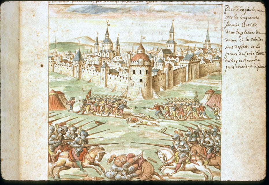 Bataille de Dreux.
Enluminure du manuscrit Carmen de tristibus Galliae, 1577. (c) Wikipedia