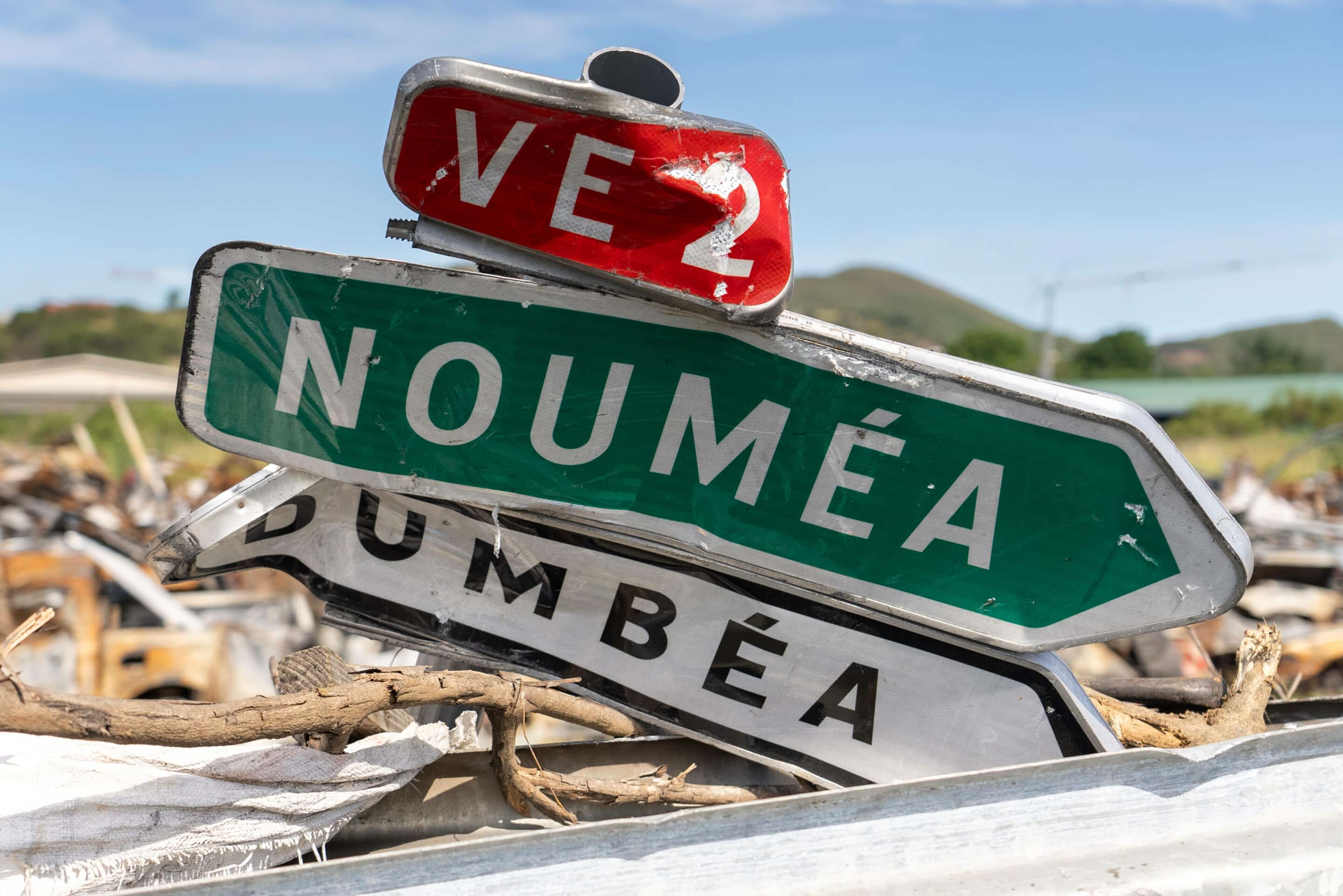 Debris and burned cars used for blockades and now cleared from the roads, awaiting treatment. 

NOUMEA, NEW CALEDONIA - 07/06/2024//JOBNICOLAS_job.0089/Credit:Nicolas Job/SIPA/2406101456