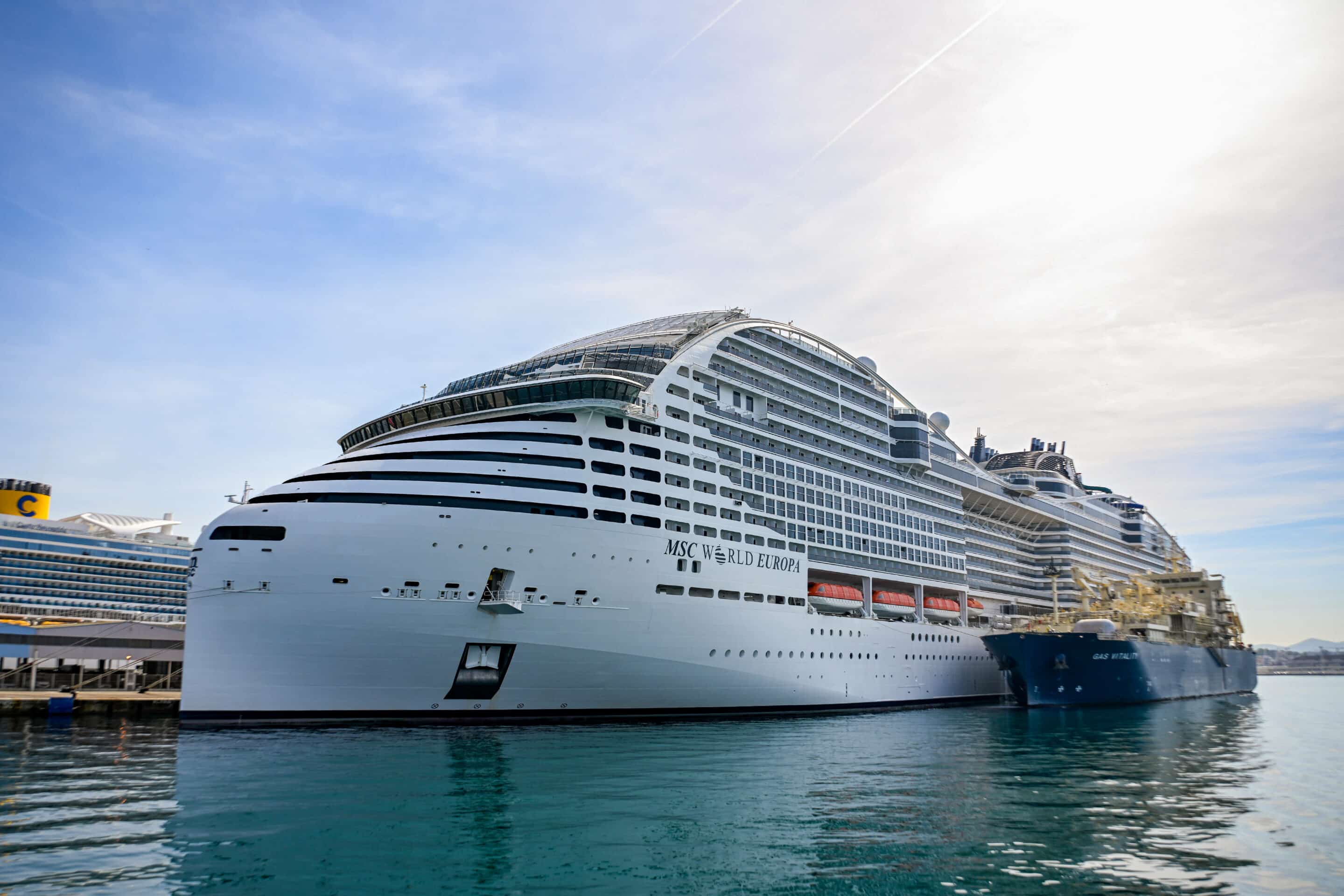 Cruise ship World Europa from the company MSC refueled by the ship Gas Vitality in the autonomous port of Marseille in Marseille France on April 13, 2024. Sipa.//MAGONIPHILIPPE_sipa.09625/Credit:Philippe Magoni/SIPA/2404151324