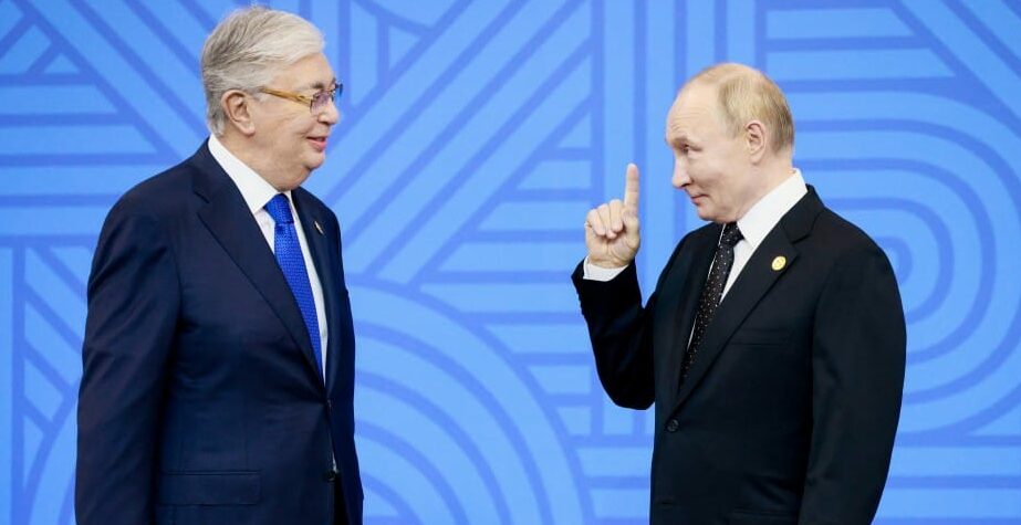 Kazakhstan's President Kassym-Jomart Tokayev (L) and Russia's President Vladimir Putin during an official ceremony. Alexander Shcherbak/TASS/Sipa USA/57025110/DF/2410232051