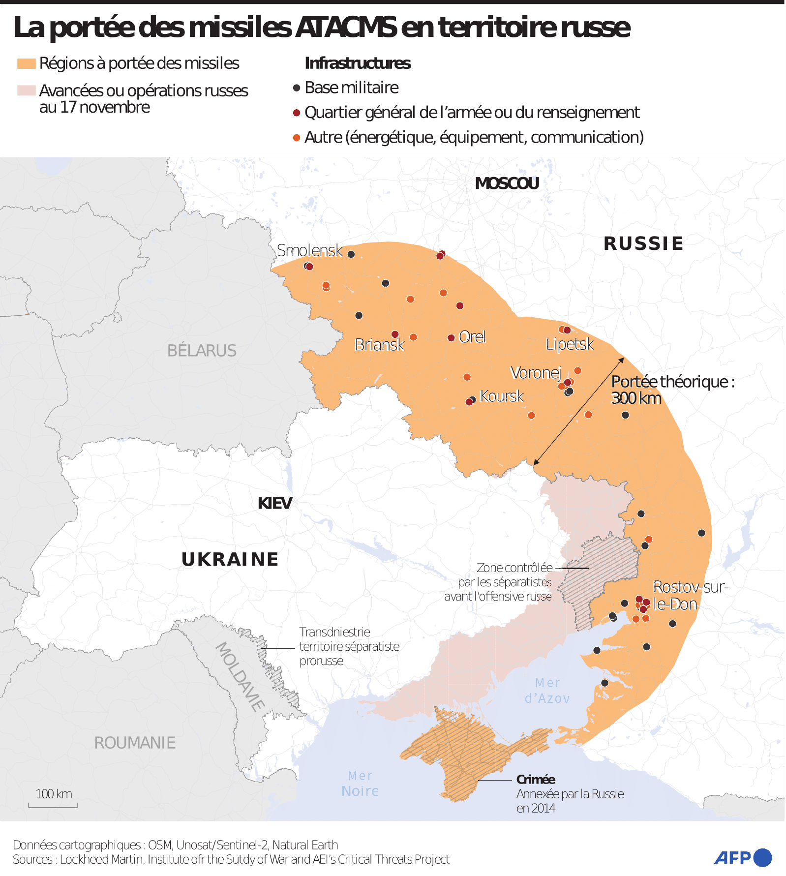 Carte de l'Ukraine et de la Russie montrant les régions russes à moins de 300 kilomètres des régions ukrainiennes contrôlées par Kiev, soit la portée potentielle des missiles longue portée de l'Ukraine sur le territoire russe / AFP / Valentina BRESCHI