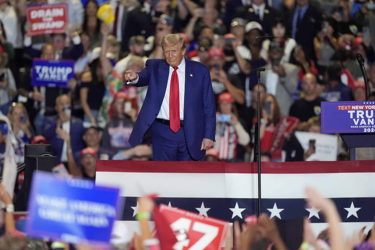 Republican presidential nominee former President Donald Trump, speaks during a campaign event, Wednesday, Sept. 18, 2024, in Uniondale, N.Y. (AP Photo/Frank Franklin II)/NYJJ328/24263061532490//2409190346