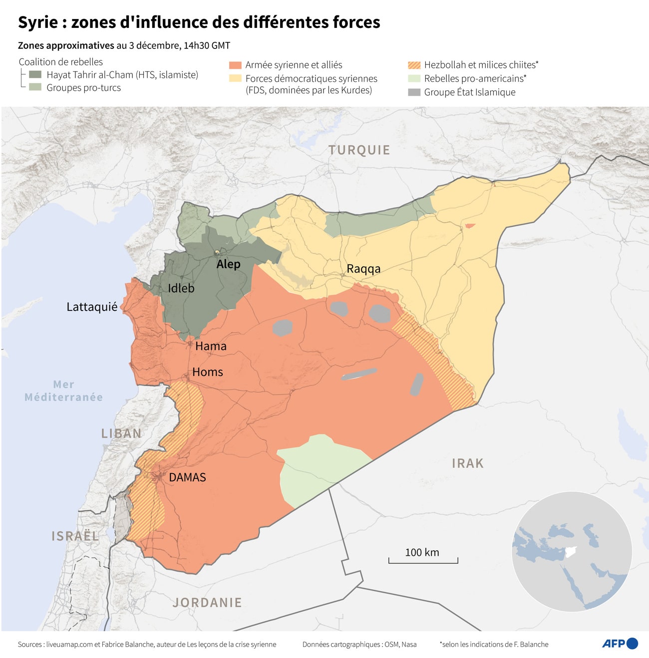 Carte de Syrie montrant les zones d'influence des différentes forces en présence en Syrie, d'après les données de liveuamap.com et indications de l'expert Fabrice Balanche - AFP / AFP / SYLVIE HUSSON