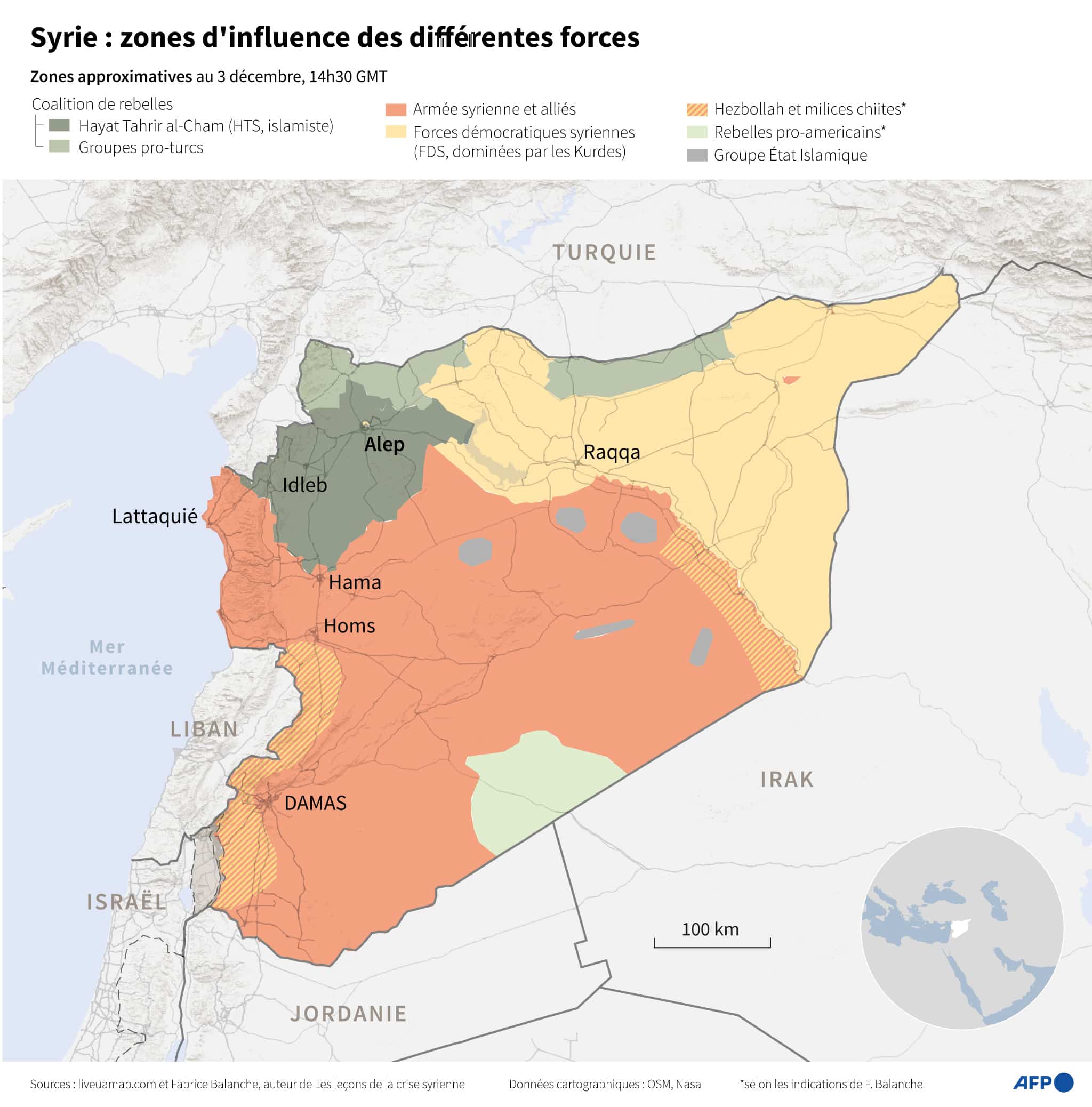 Carte de Syrie montrant les zones d'influence des différentes forces en présence en Syrie, d'après les données de liveuamap.com et indications de l'expert Fabrice Balanche - AFP / AFP / SYLVIE HUSSON