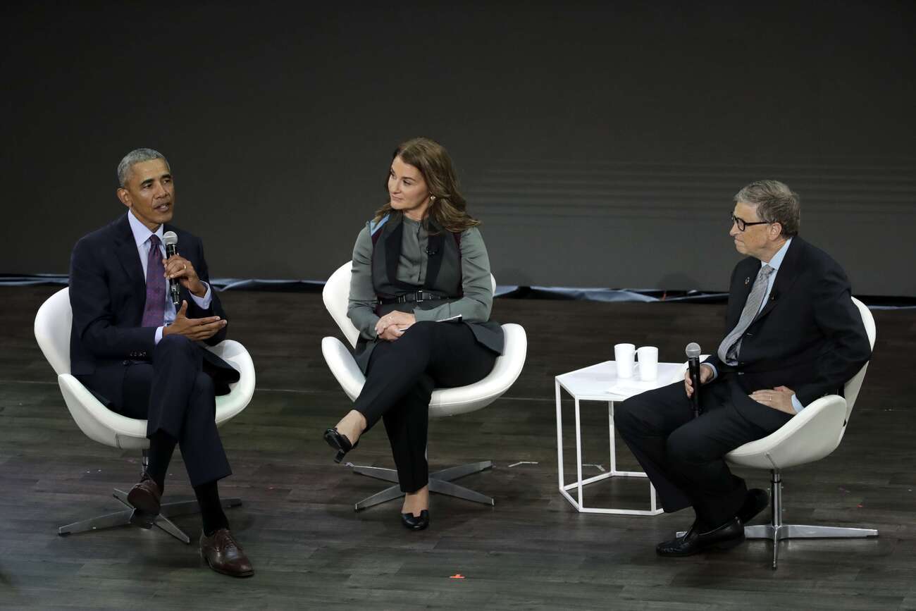 Barack Obama avec Bill Gates et sa femme, Melinda Gates, lors d'une conversation à la conférence Goalkeepers, organisée par la Fondation Bill et Melinda Gates à New York, 2017//SIPA ap22107547_000028