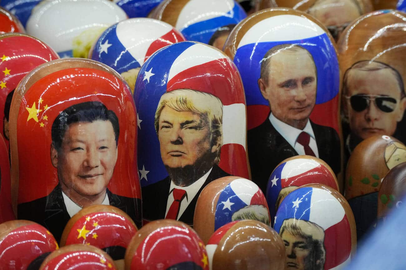 Traditional Russian wooden dolls called Matryoshka depicting China's President Xi Jinping, U.S. President-elect Donald Trump and Russian President Vladimir Putin are displayed for sale at a souvenir shop in St. Petersburg, Russia, Thursday, Nov. 21, 2024. (AP Photo/Dmitri Lovetsky)/XDL101/24326536770912//2411211600